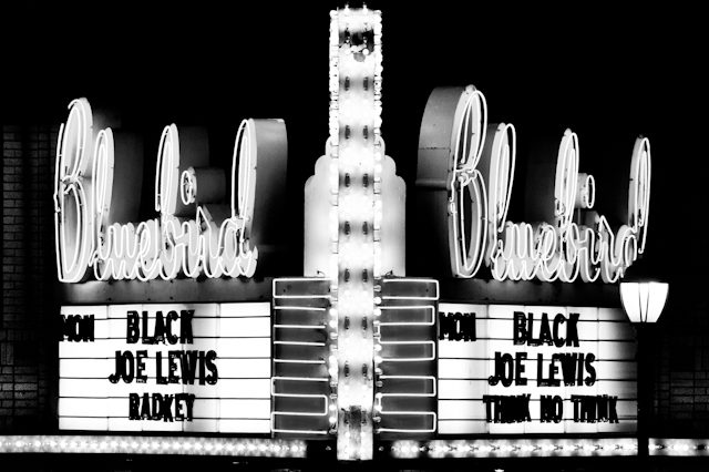 Bluebird theater marquee with event listings.