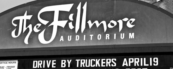 Fillmore Auditorium sign with event details.