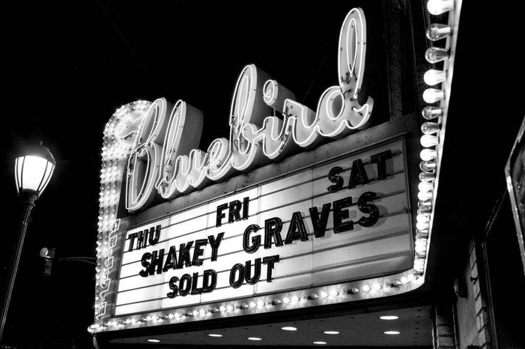 Bluebird Theater marquee, Shakey Graves sold out.