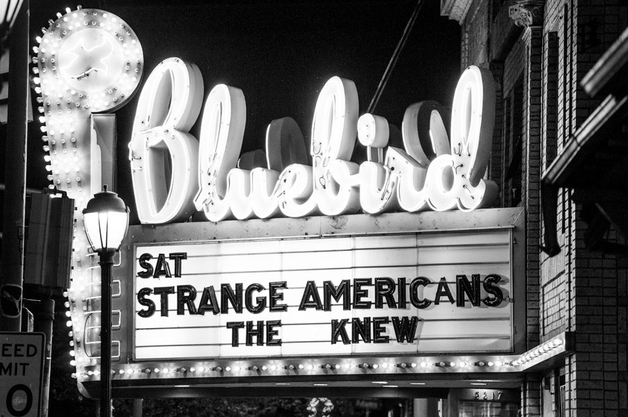 Bluebird theater marquee sign at night.