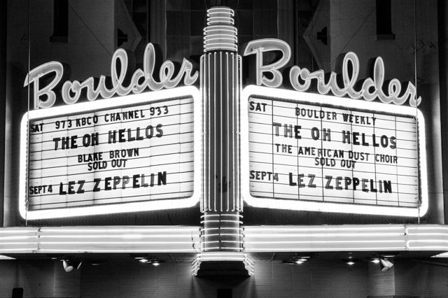 Boulder Theater marquee with concert listings.