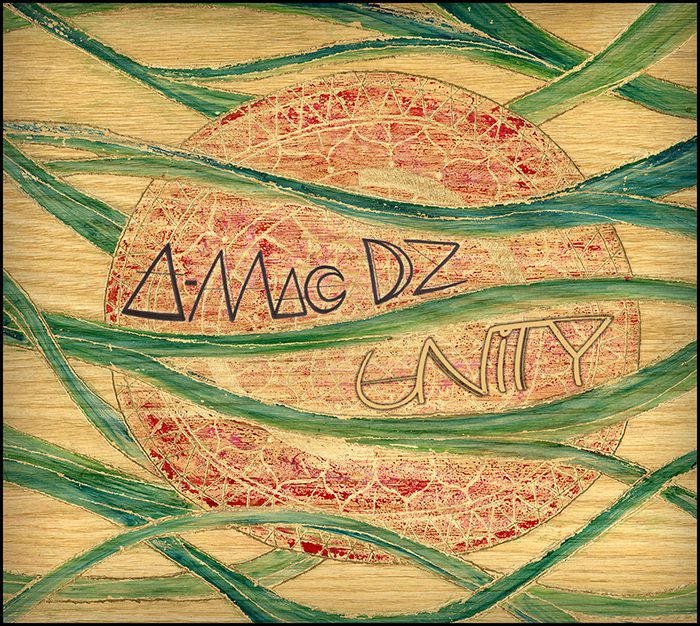 Abstract art with circle and green lines.