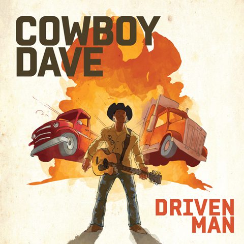 Cowboy with guitar, trucks, and flames background.