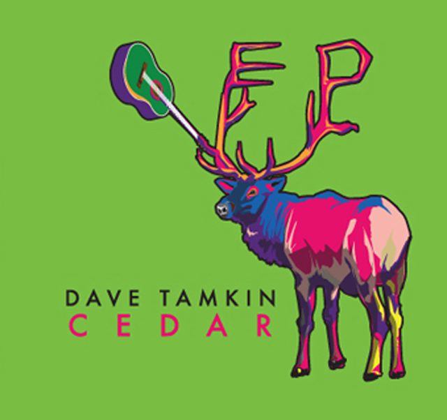 Colorful deer with headphones, green background.