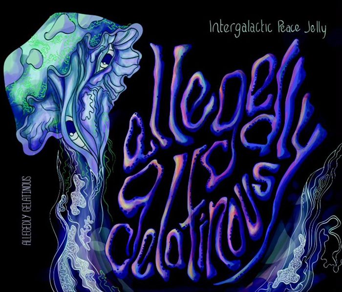 Psychedelic jellyfish with artistic, colorful lettering.