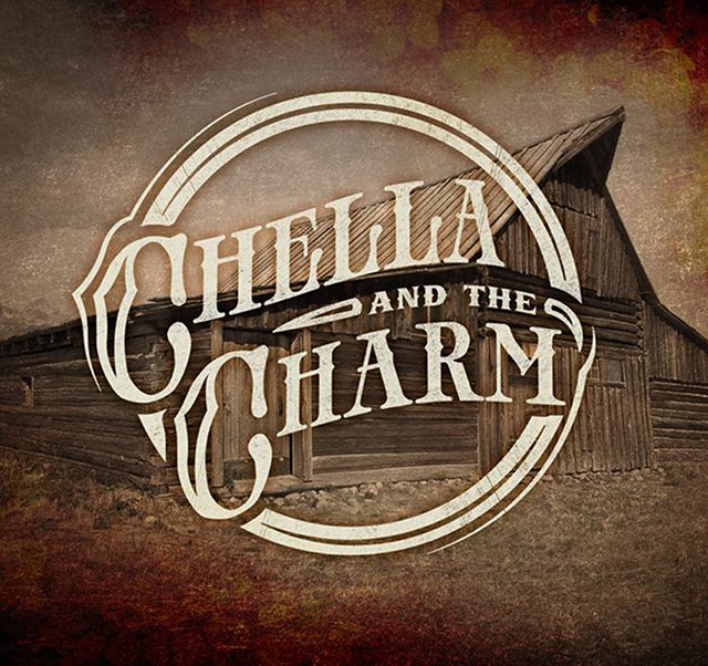 Rustic logo with wooden barn background.