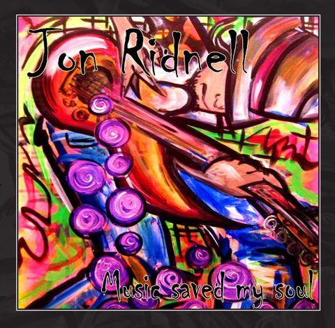 Colorful abstract painting with guitar and text.