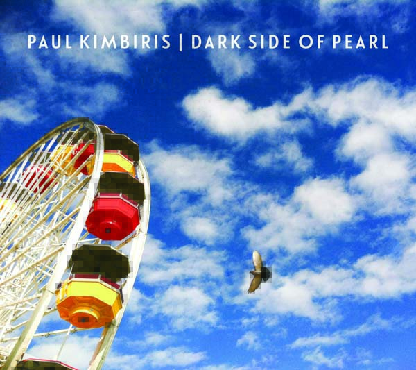 Ferris wheel against blue sky with bird.