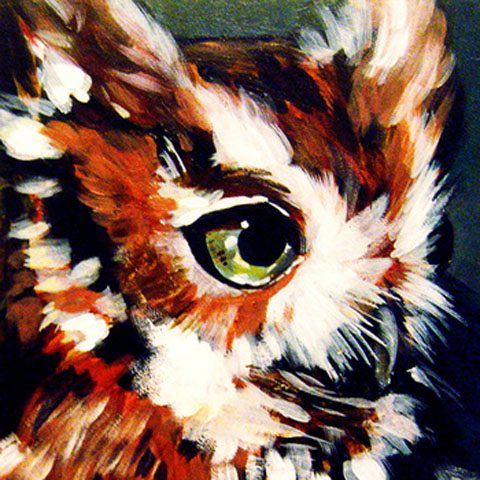 Colorful owl painting with intense green eye.