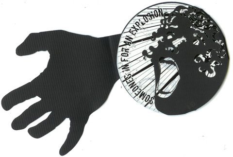 Silhouette hand and face with text overlay.