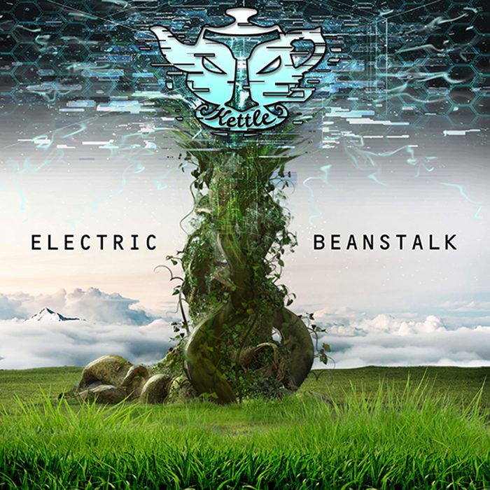 Futuristic beanstalk growing into digital sky.
