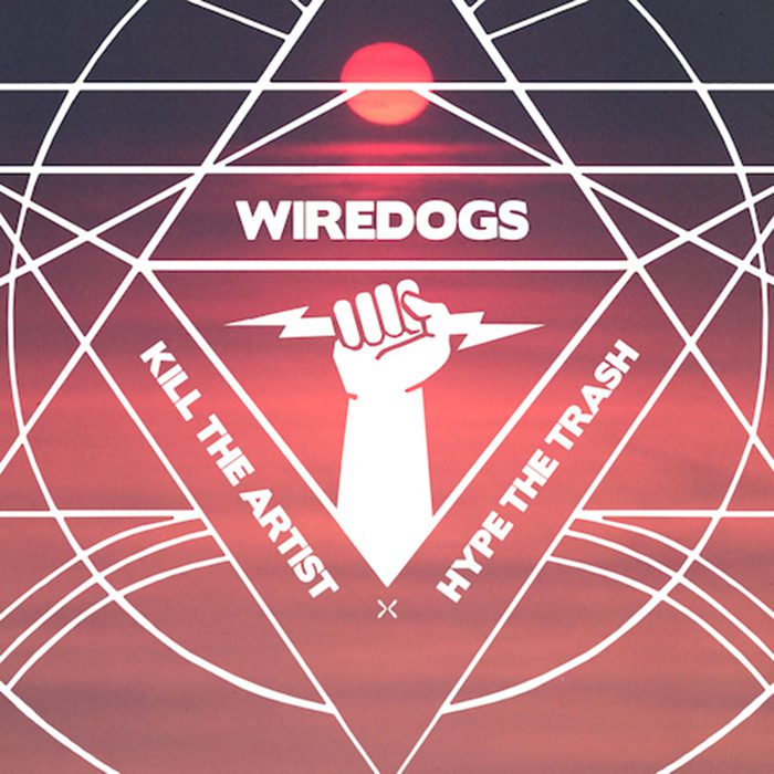 Geometric design with fist and text elements.
