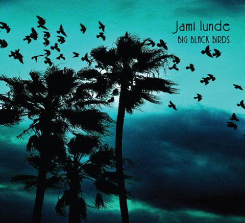 Silhouetted palm trees and birds at dusk.