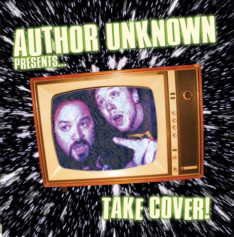 Retro TV with two men, cosmic background.
