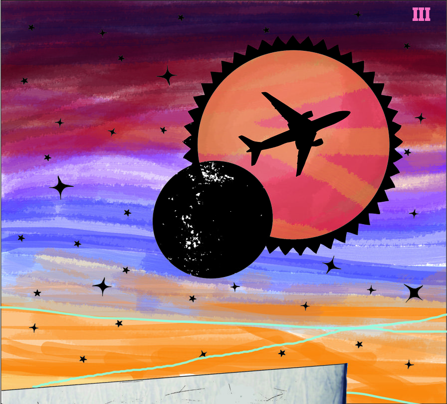 Airplane silhouette against colorful sky and stars.