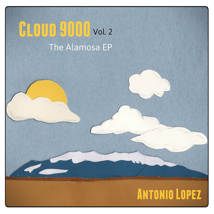 Clouds and mountains with a yellow sun.