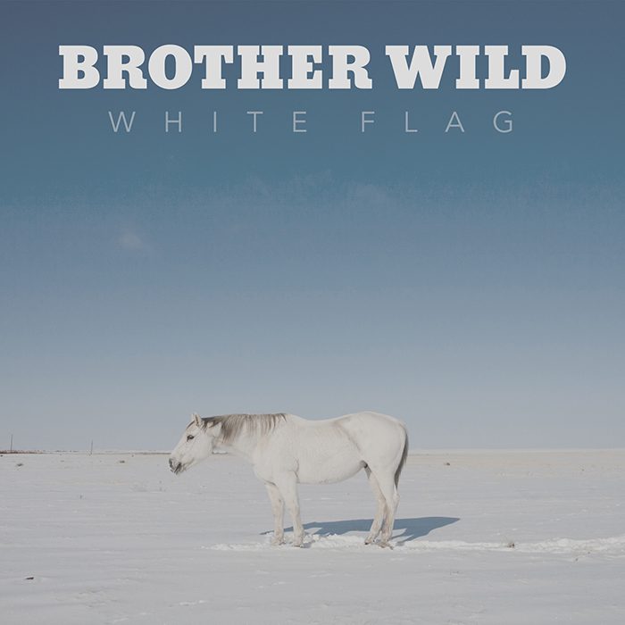 White horse on snowy landscape under sky.