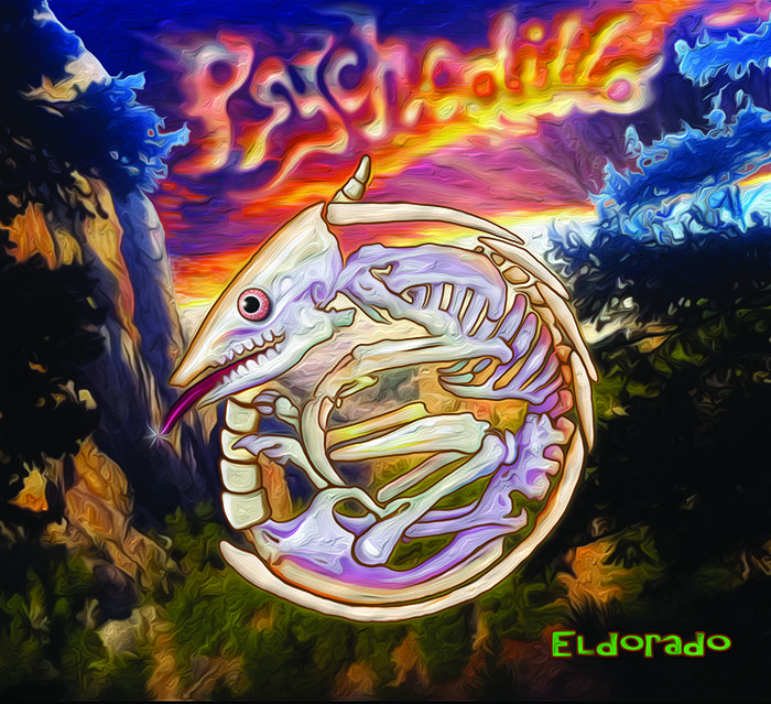 Psychedelic artwork featuring surreal skeletal creature.