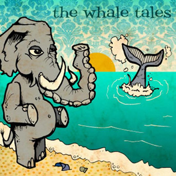 Elephant and whale near ocean, artistic illustration.
