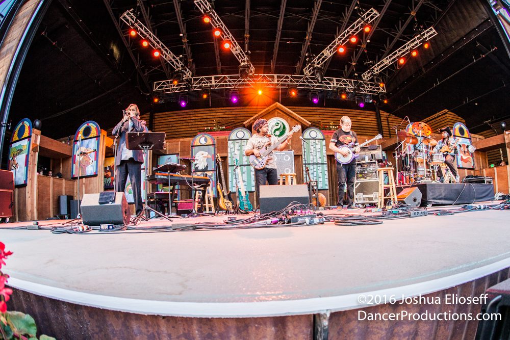 Band performing on an outdoor stage.