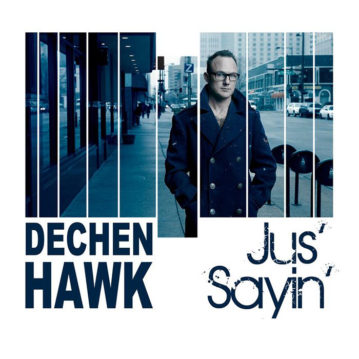 Man in city street, album cover design.