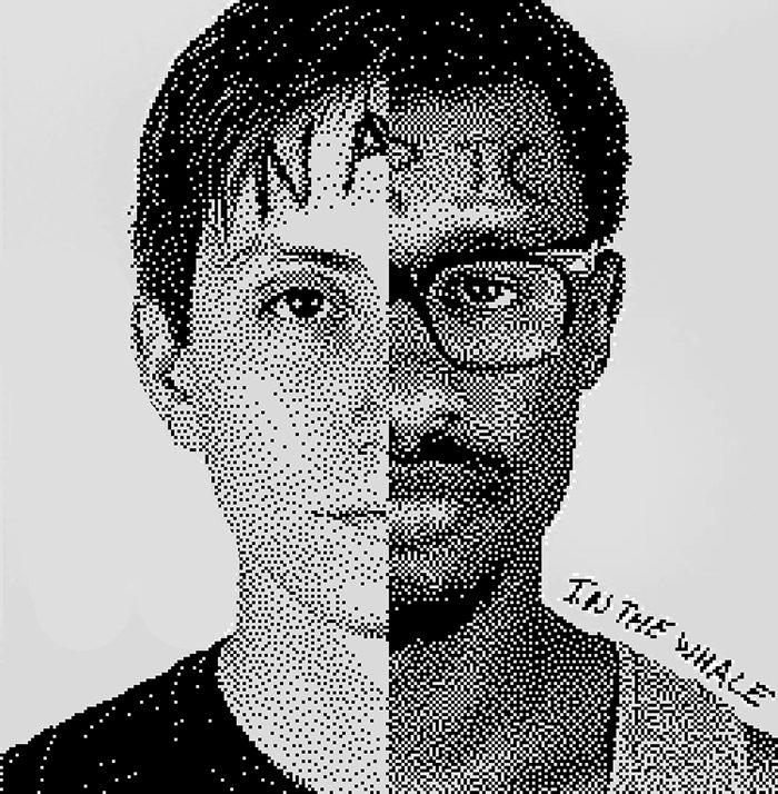 Split face drawing with glasses and text.