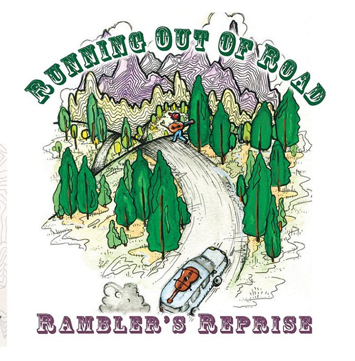 Illustrated winding road through forest landscape.