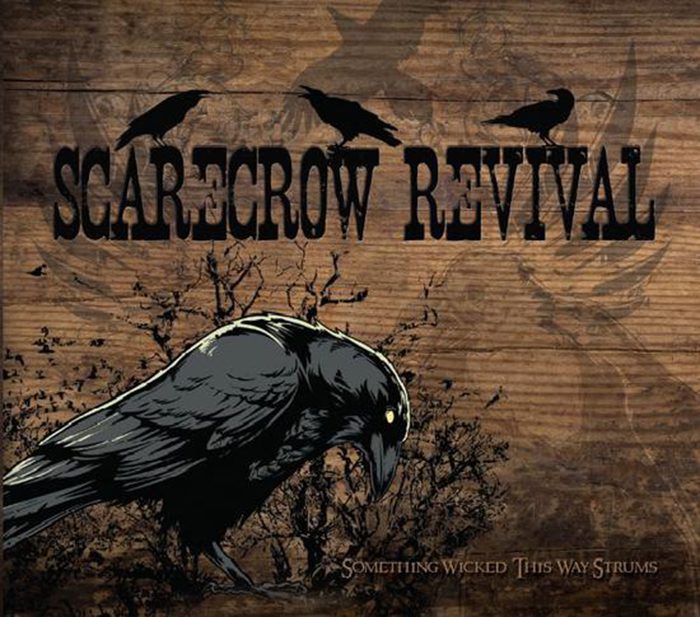 Crow with text "Scarecrow Revival" on wood background.