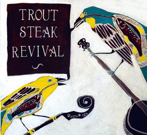 Colorful birds with instruments and text.