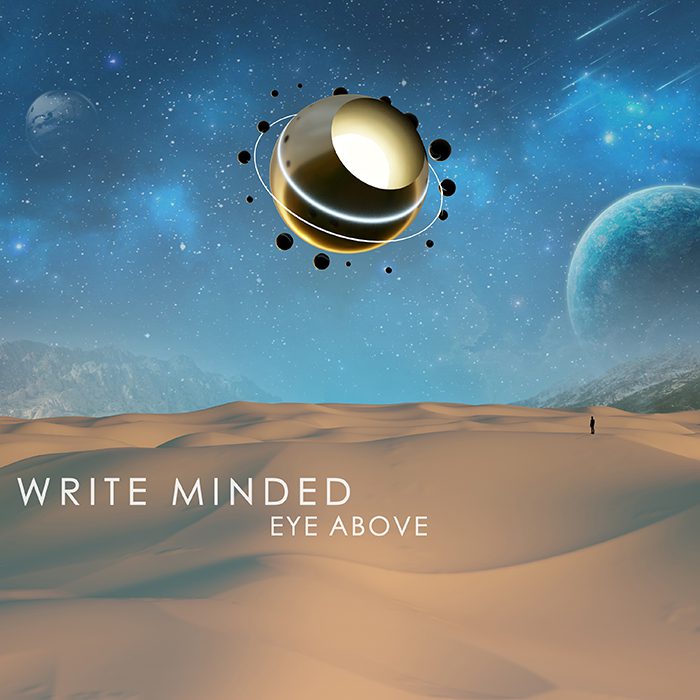 Surreal landscape with planets and desert.
