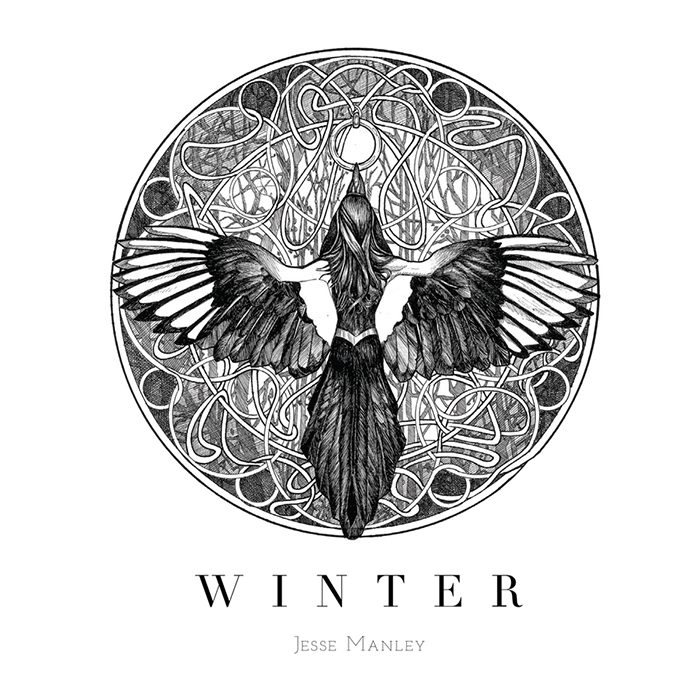 Intricate illustration of woman with wings.