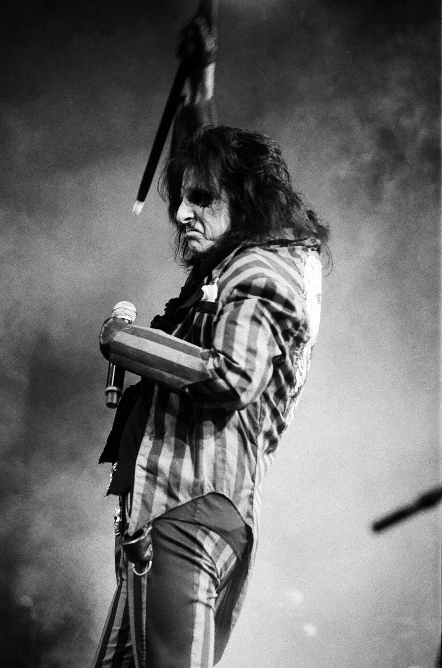 Rock musician performing on stage with microphone.