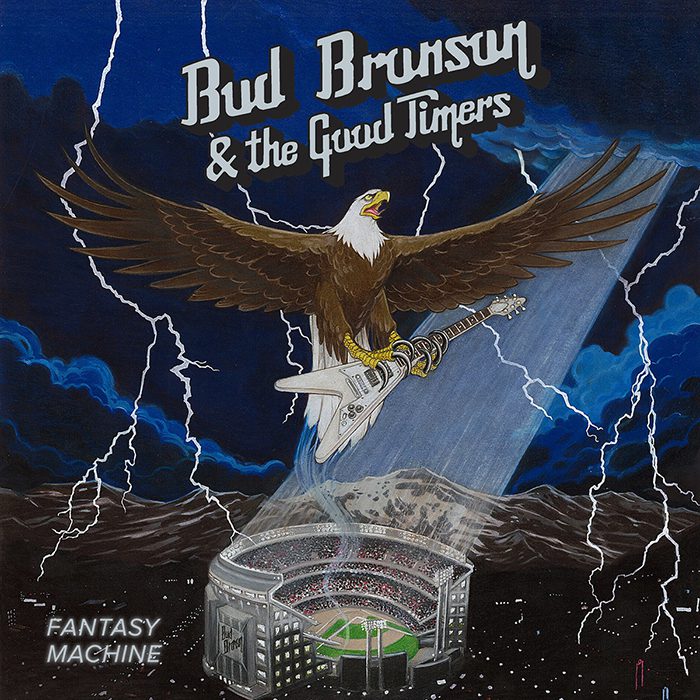 Eagle with guitar flying over stadium.