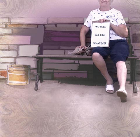 Person sitting on bench with humorous sign.