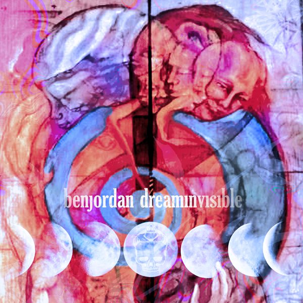 Abstract artwork with overlapping faces and moons.