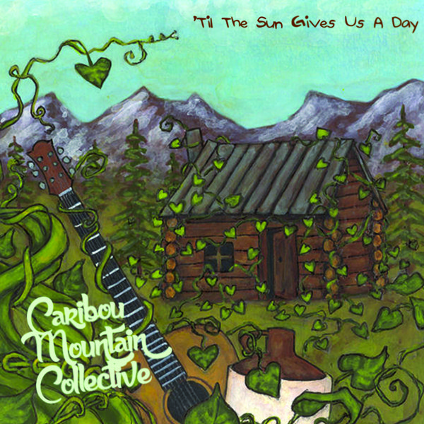 Rustic cabin with guitar and mountains illustration.