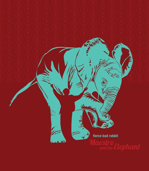 Illustrated elephant on red textured background.