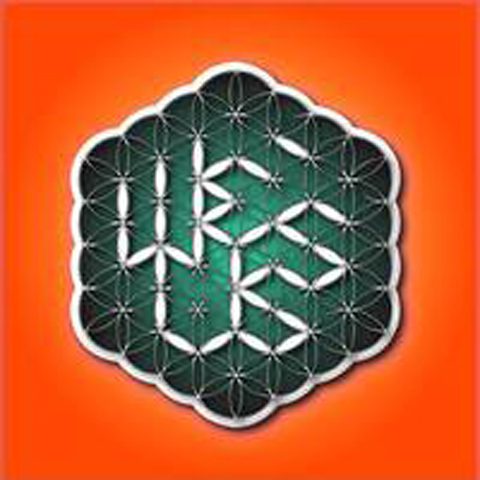Geometric pattern with "He Is Us" text.