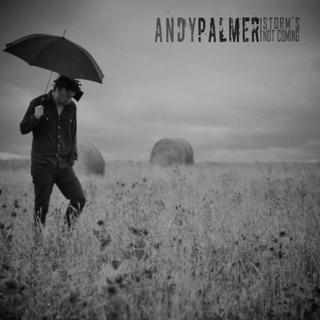 Man with umbrella in field, gray sky.
