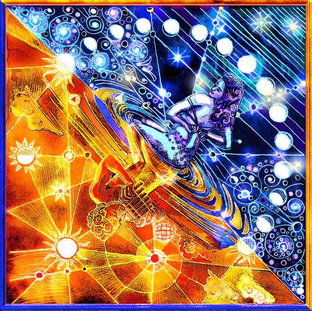Surreal art depicting day and night scene.