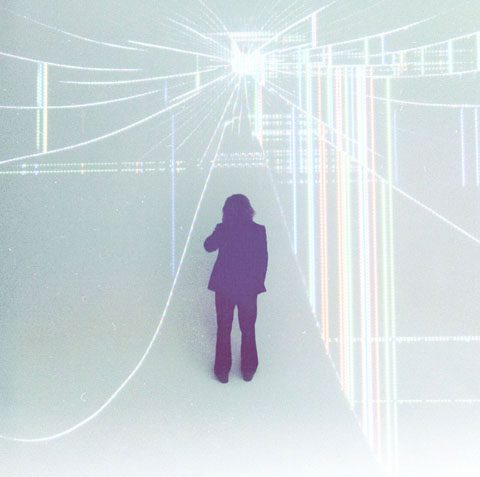 Silhouette of person in futuristic digital space.