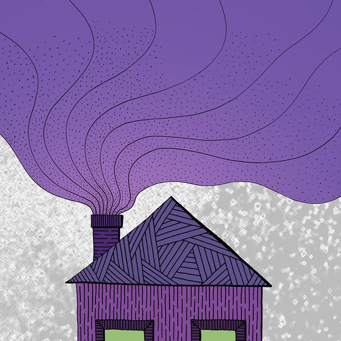 Purple house emitting swirling purple smoke.