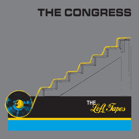 Album cover with stairs and vinyl design.