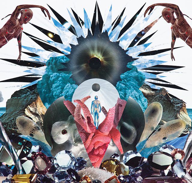 Surreal collage with abstract and cosmic elements.
