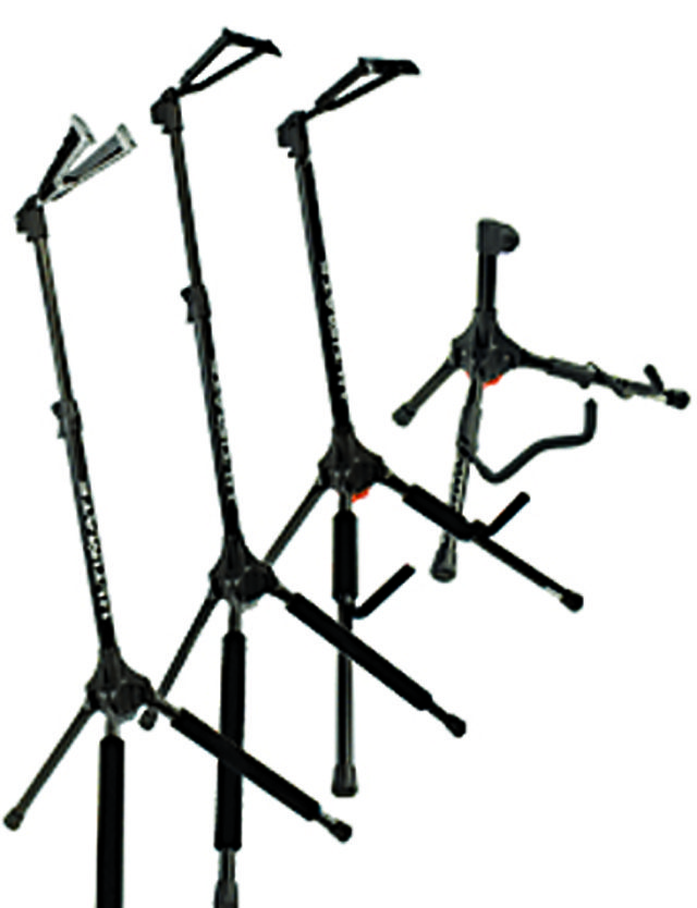 Three black music instrument stands, white background.