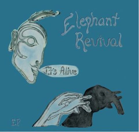 Abstract art with text: "Elephant Revival, It's Alive.