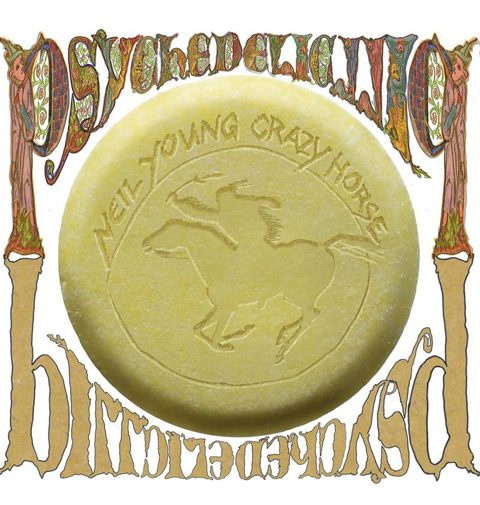 Psychedelic artwork with circular horse emblem.