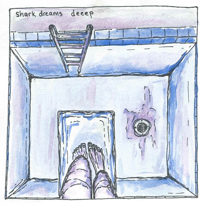 Feet at pool edge, "shark dreams deep.