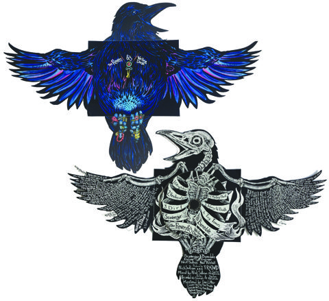 Colorful ravens with intricate designs and text.