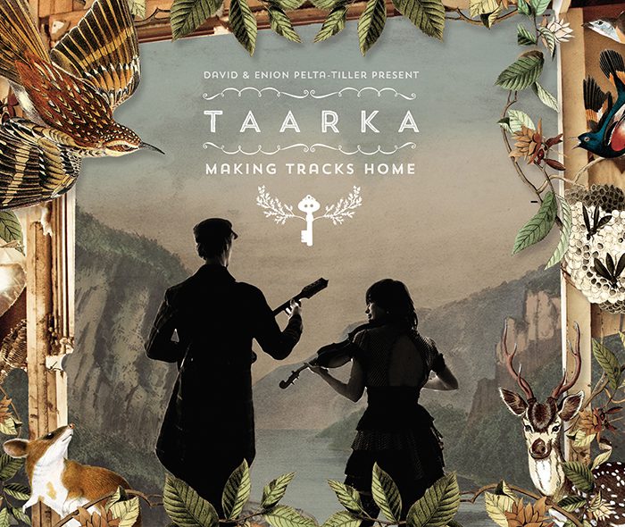Silhouetted musicians with nature-themed border.